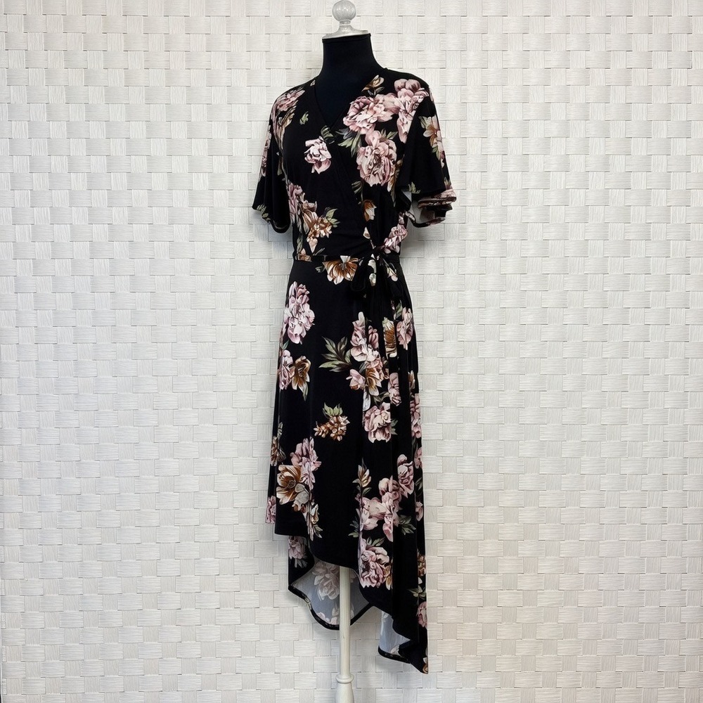 Fortune + Ivy Maxi Dress Black Floral High-Low Faux Wrap 1X Short Flutter Sleeve